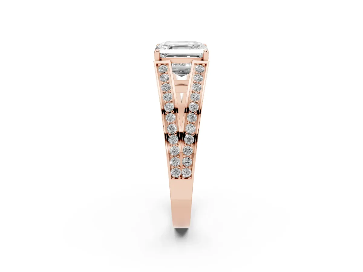 Asscher Cut Diamond Split Shank Ring with Pavé Band and Four-Prong Setting Rose gold