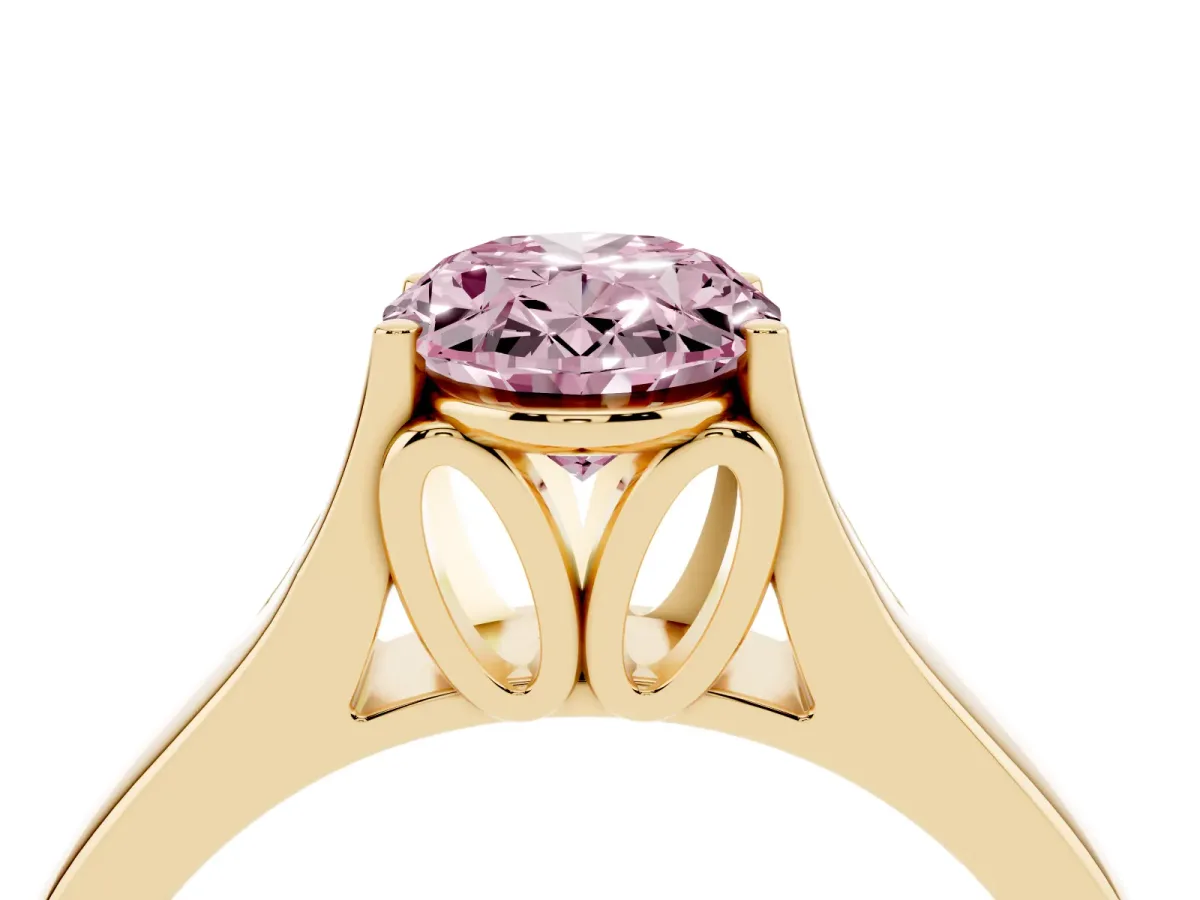 Fancy Pink Oval Cut Solitaire Diamond Ring with Cathedral Band and Four-Prong Setting Yellow gold