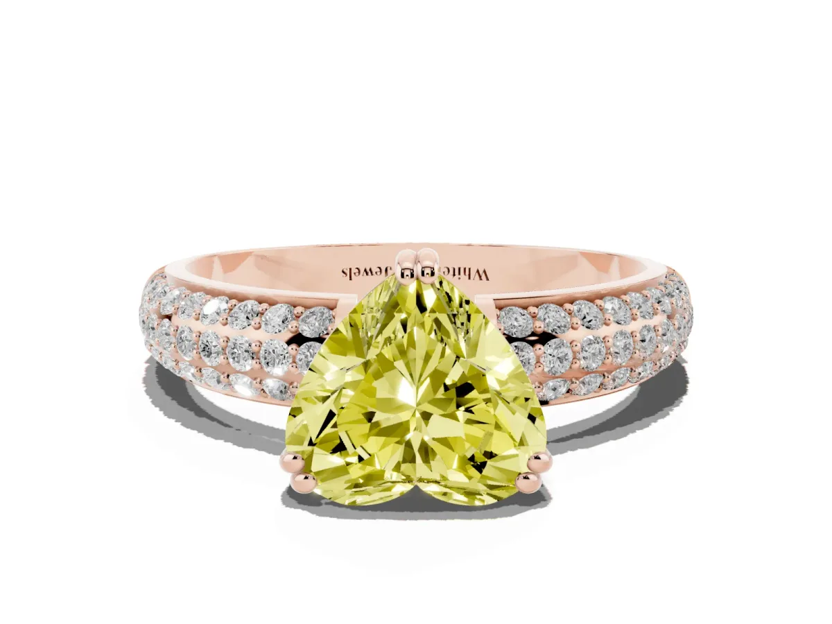 Fancy Yellow Heart Cut Diamond Solitaire Ring with Multi-Row Round Pavé Band and Prong Setting Rose gold
