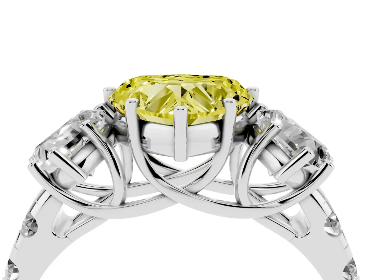 Fancy Yellow Three-Stone Heart Cut Diamond Pavé Band with Prong Setting Silver