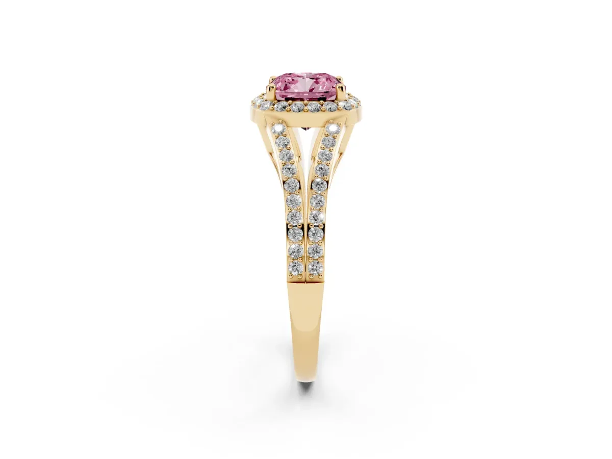 Fancy Pink Cushion Cut Halo Split Shank Diamond Ring with Prong Setting Yellow gold