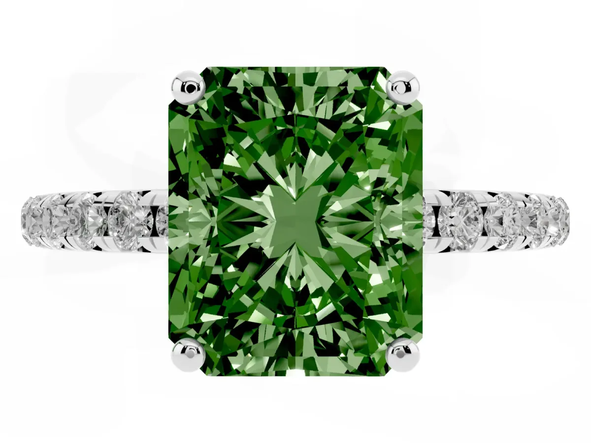 Fancy Green Radiant Cut Cut Diamond Solitaire Ring with Micro Pave Band and Four Prong Setting Platinum
