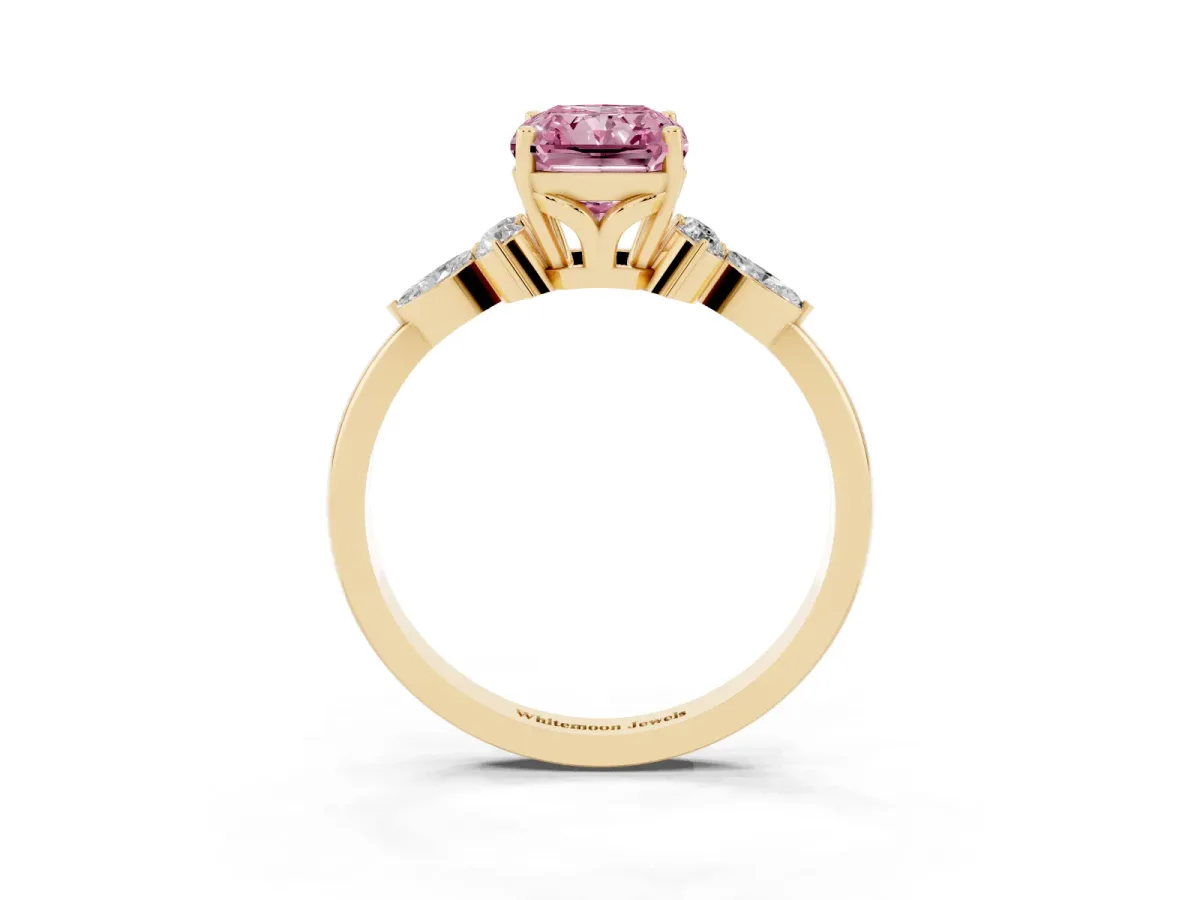 Fancy Pink Radiant Cut Brilliant Diamond Solitaire Ring with Pear Side Stones and Four-Prong Setting Yellow gold