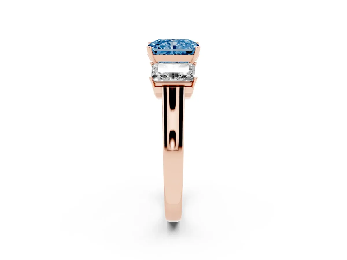 Fancy Blue Three-Stone Radiant Cut Brilliant Diamond Trellis Ring with Comfort Fit Band Rose gold