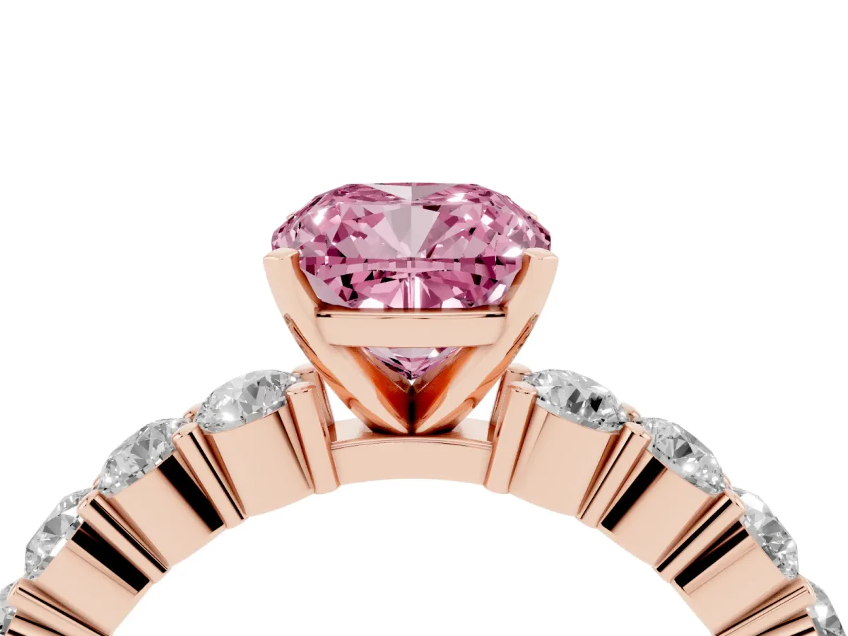 Fancy Pink Cushion Cut Diamond Solitaire Ring with Shared Prong Round Side Stones Rose gold