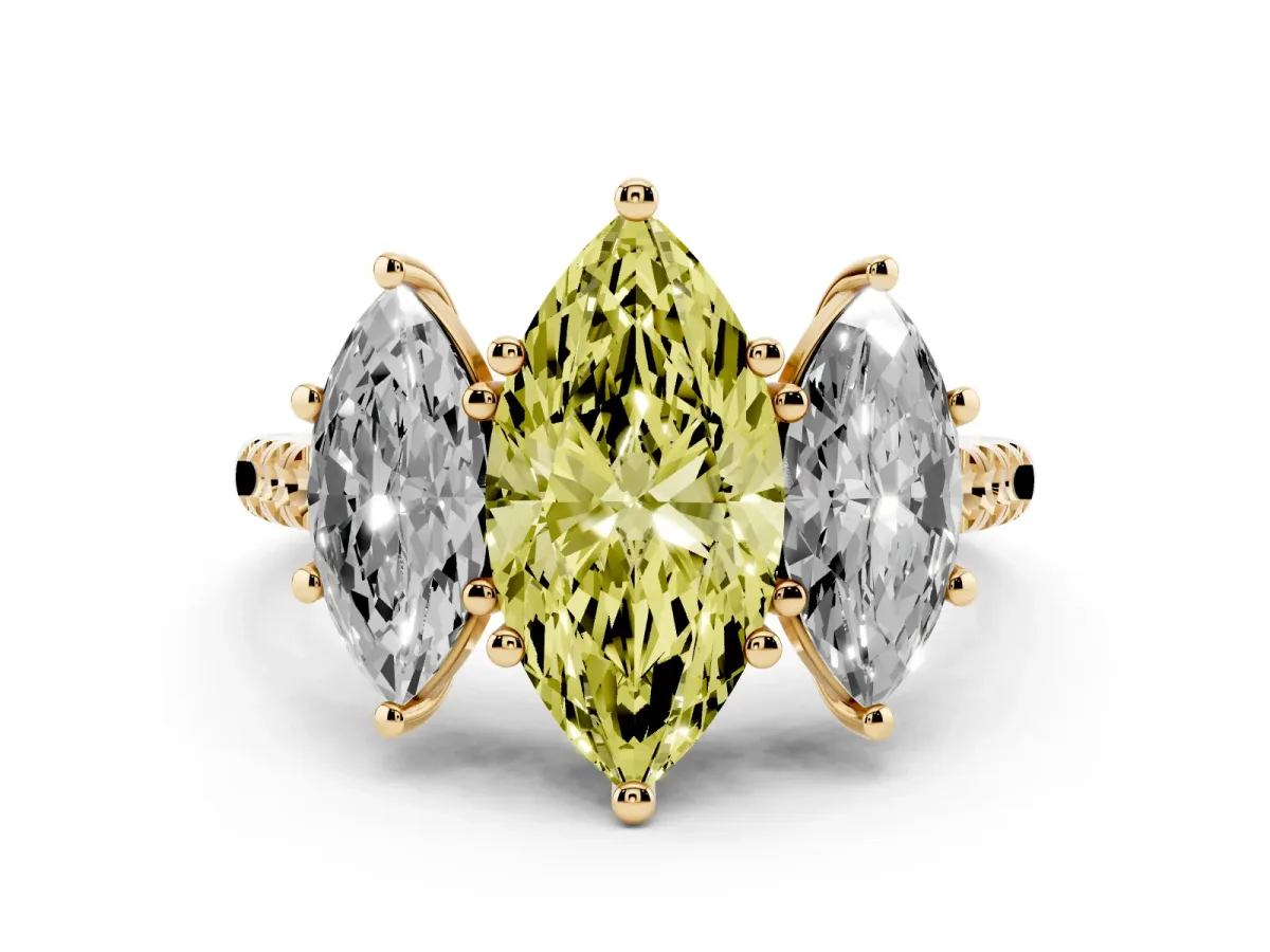 Fancy Yellow Three-Stone Marquise Cut Diamond Ring with Round Pavé Band and Prong Setting Yellow gold