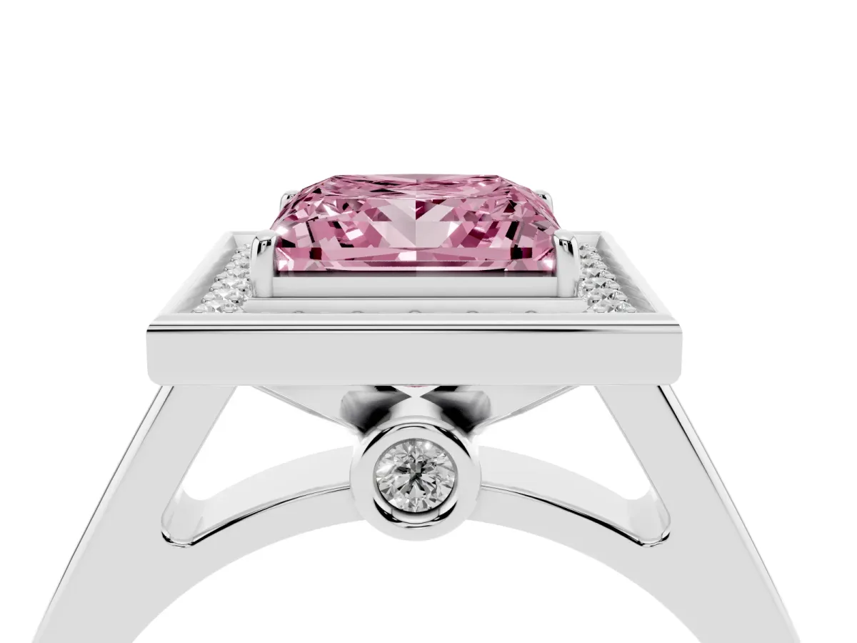 Fancy Pink Princess Cut Halo Solitaire Diamond Ring with Pave Band and Bezel Setting White gold