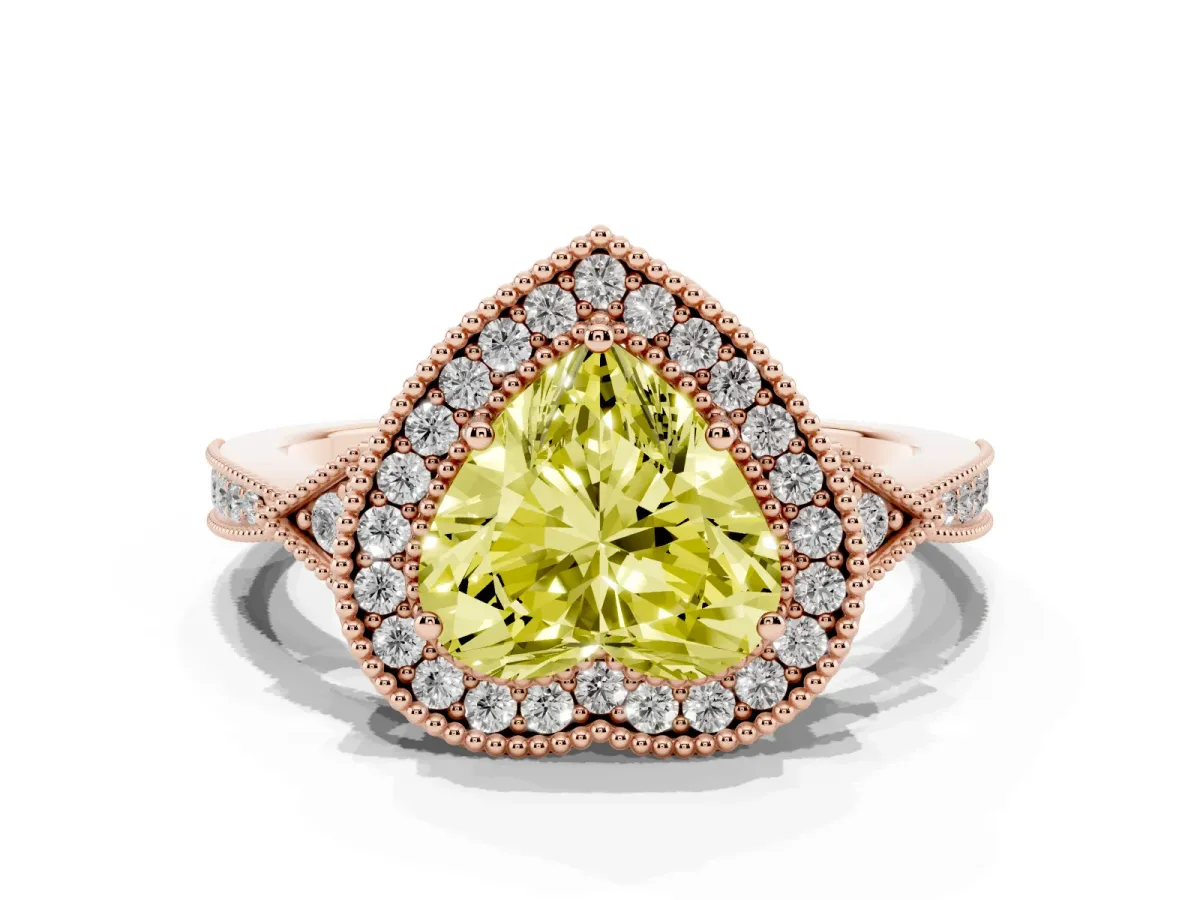 Fancy Yellow Heart Cut Halo Round Diamond Milgrain Pave Engagement Ring Rose gold