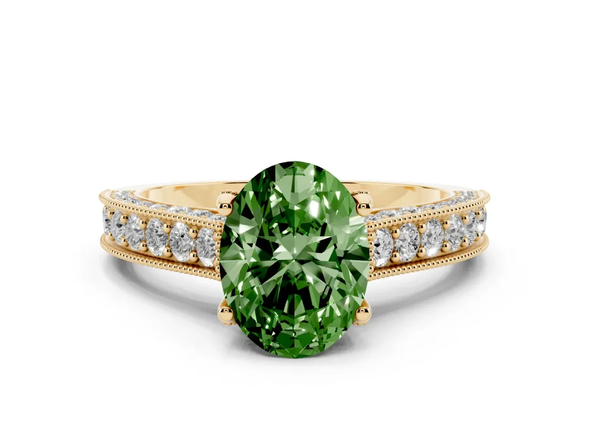 Fancy Green Oval Cut Cut Diamond Solitaire Ring with Milgrain Pave Band and Four Prong Setting Yellow gold