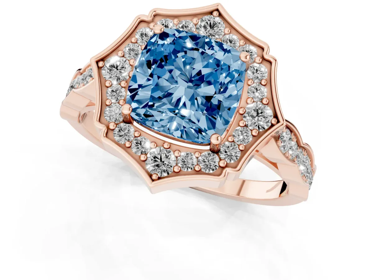 Fancy Blue Cushion Cut Halo Diamond Engagement Ring with Milgrain Band and Four-Prong Setting Rose gold