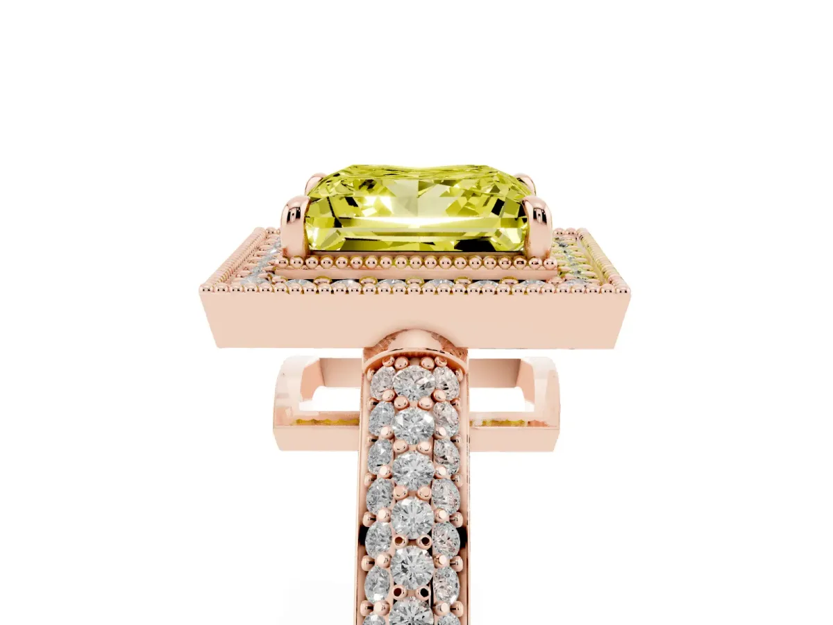 Fancy Yellow Princess Cut Cut Halo Diamond Pave Band with Four-Prong Setting Rose gold