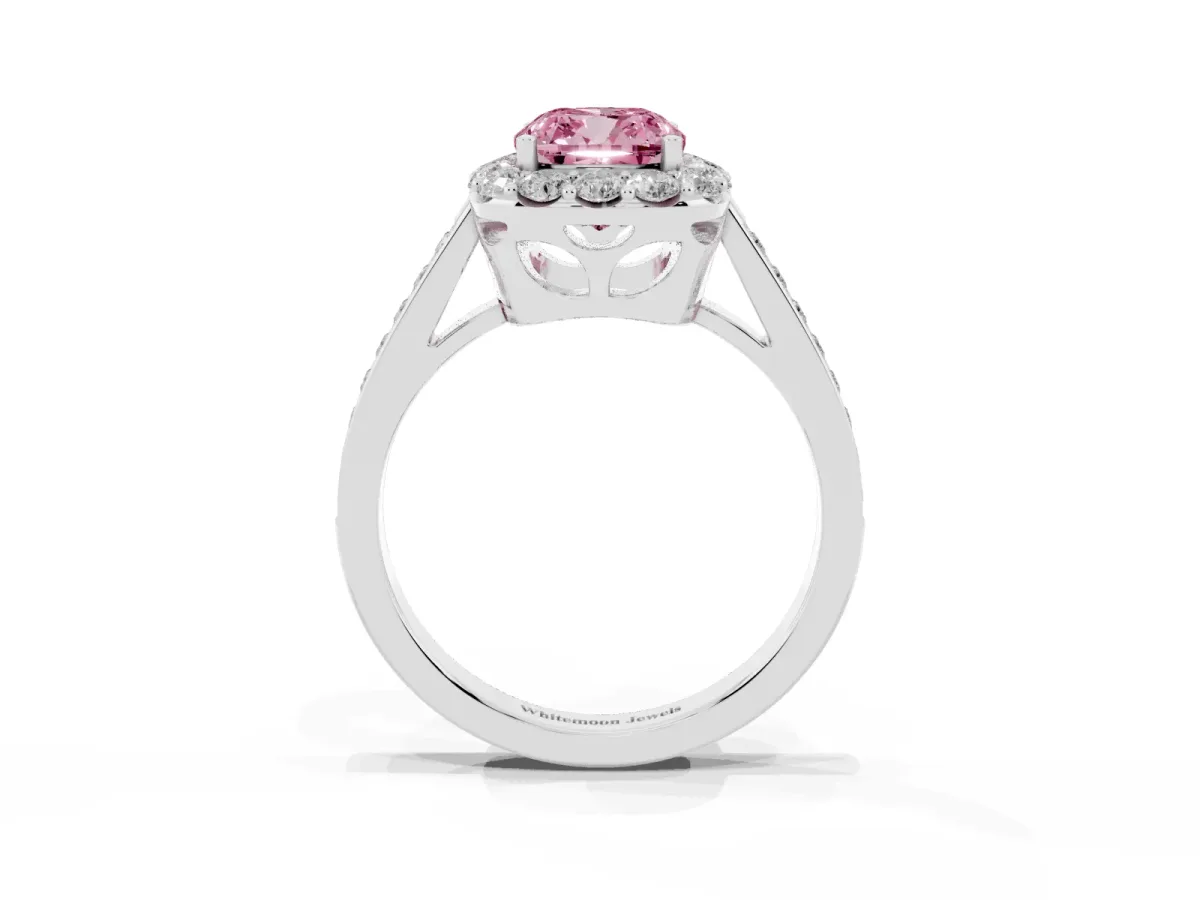 Fancy Pink Cushion Cut Diamond Floral Halo Ring with Pavé Band and Prong Setting White gold