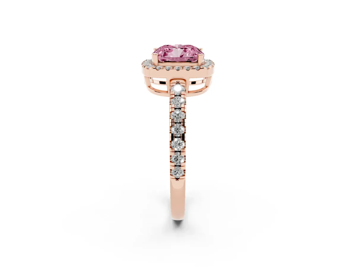 Fancy Pink Cushion Cut Diamond Halo Ring with Pavé Band and Four-Prong Setting Rose gold