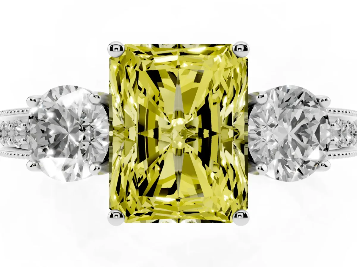 Fancy Yellow Radiant Cut Three-Stone Diamond Ring with Pavé Band and Four-Prong Setting Silver