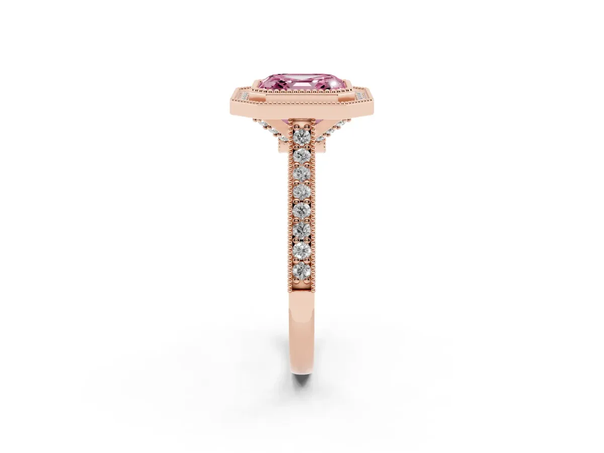 Fancy Pink Halo Asscher Cut-Cut Diamond Pave Band Milgrain Prong Setting Ring Rose gold