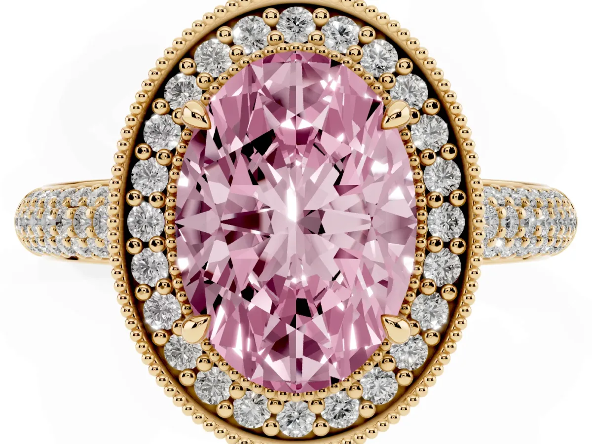 Fancy Pink Oval Cut Cut Halo Diamond Pave Band with Four-Prong Setting Yellow gold