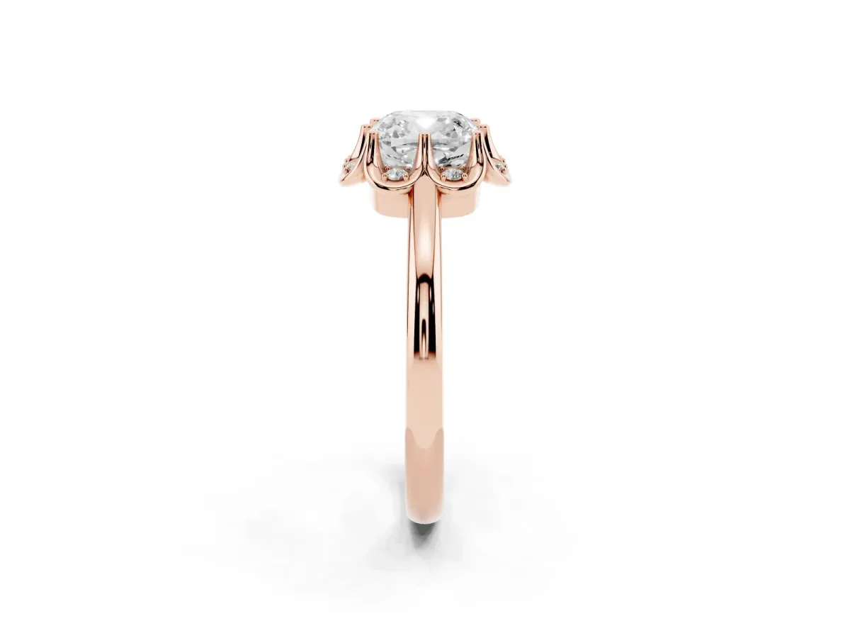 Cushion Cut Halo Diamond Ring with Round Cluster Setting, Solitaire Band, and Four-Prong Setting Rose gold