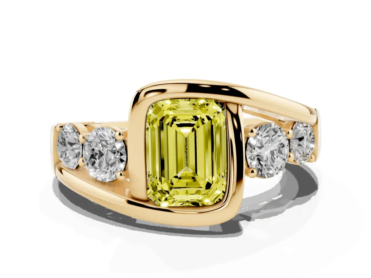 Fancy Yellow Bezel Set Emerald Cut Diamond Bypass Ring with Round Accents Yellow gold
