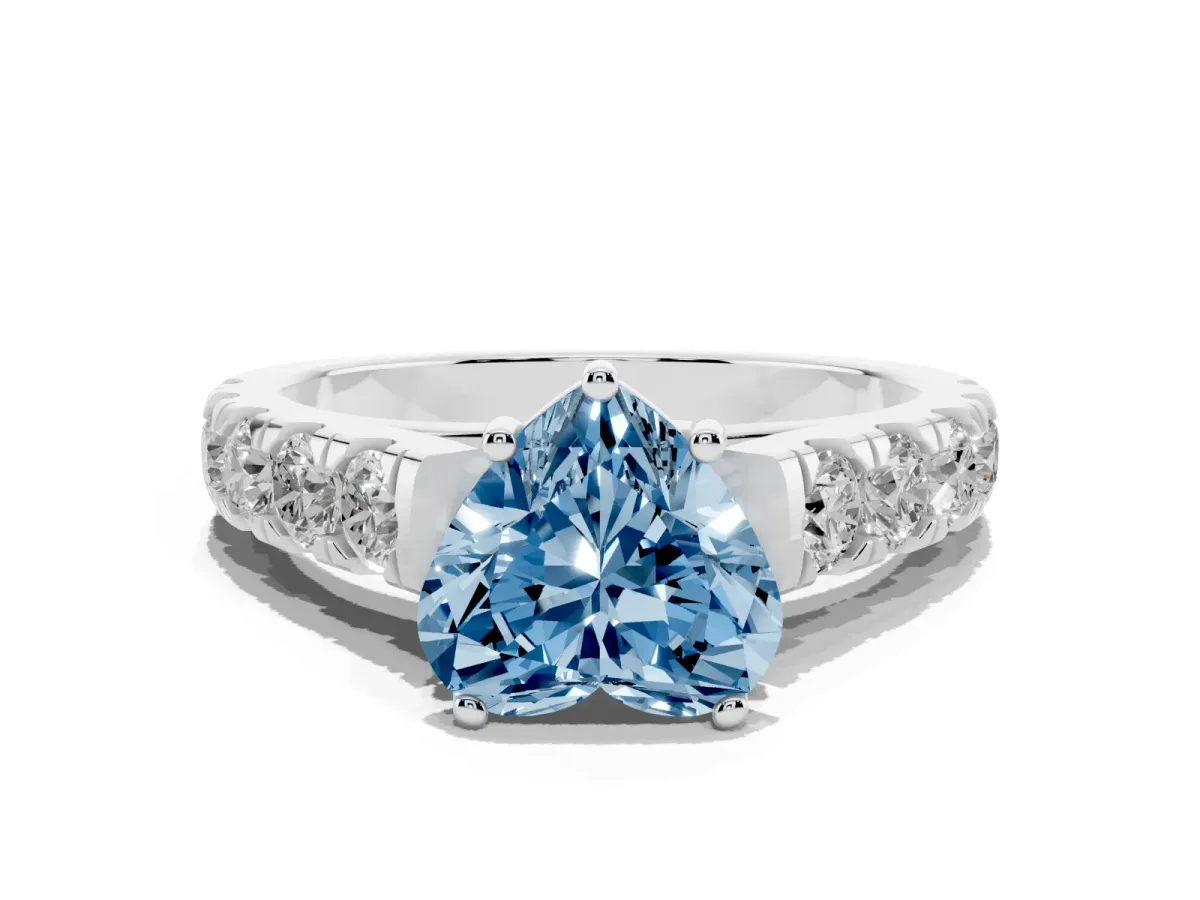 Fancy Blue Heart Cut Cut Diamond Solitaire Ring with Micro Pave Band and Prong Setting Silver