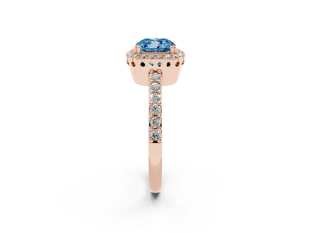 Fancy Blue Cushion Cut Cut Diamond Halo Engagement Ring with Milgrain Detail and Pavé Band Rose gold