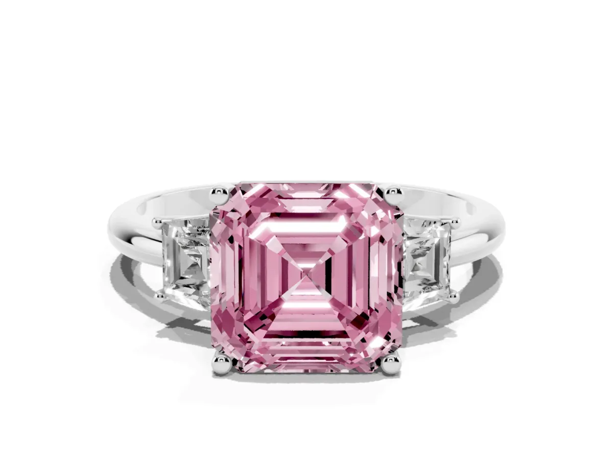Fancy Pink Asscher Cut Diamond Three-Stone Ring with Trapezoid Side Stones and Prong Setting Silver