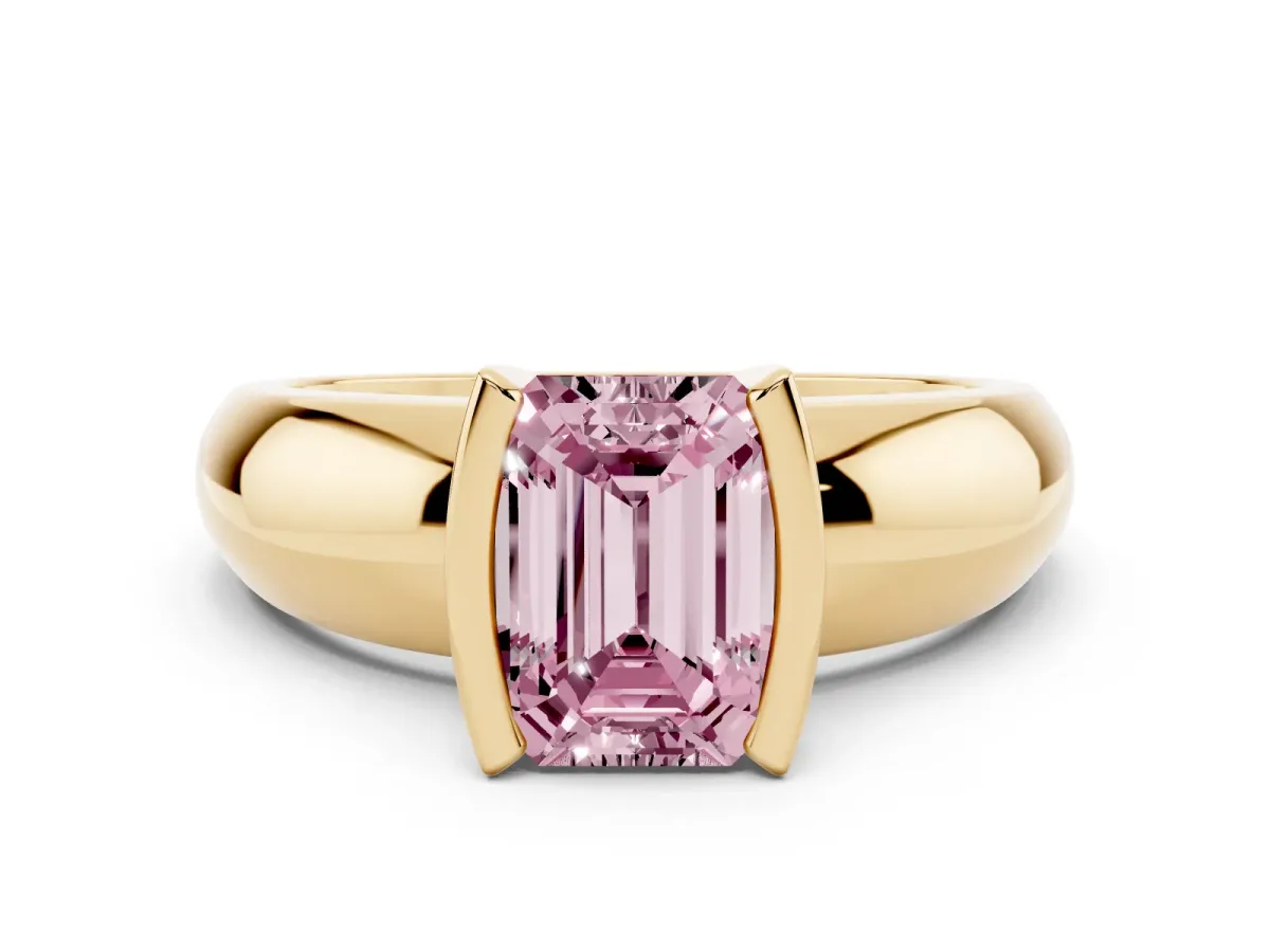 Fancy Pink Emerald Cut Solitaire Tension Set Diamond Ring with Wide Band Yellow gold