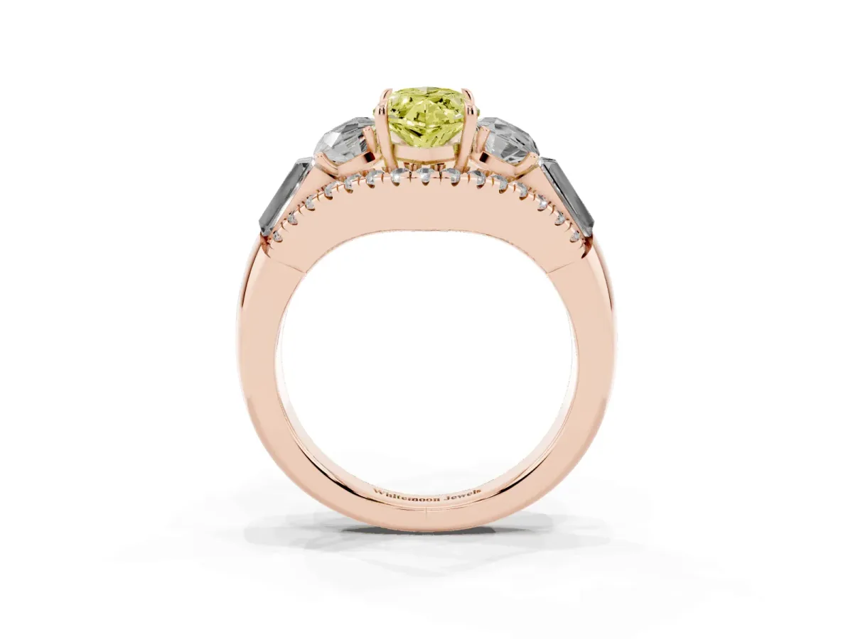 Fancy Yellow Three-Stone Marquise Cut Diamond Engagement Ring with Pave Band and Prong Setting Rose gold