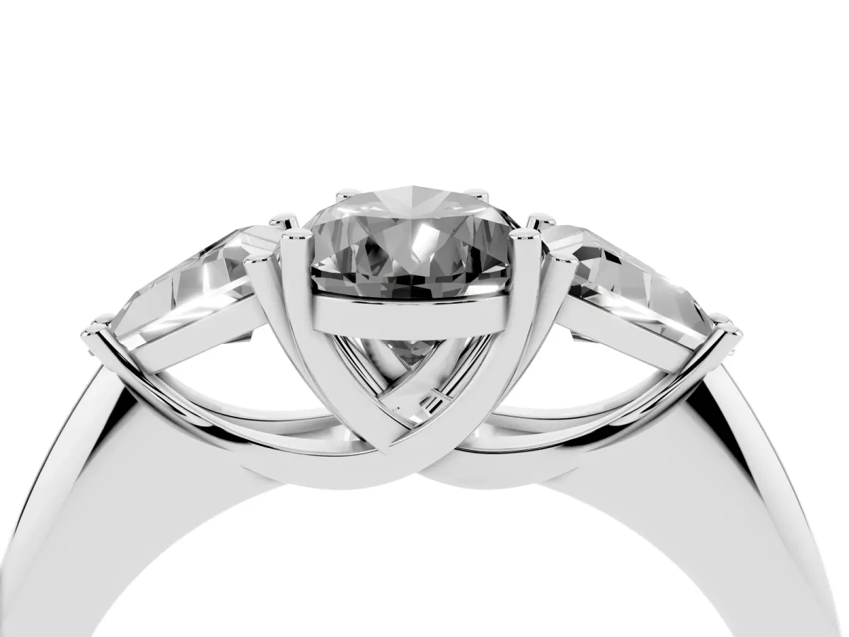 Fancy Black Three-Stone Pear Cut Diamond Engagement Ring with Trillion Side Stones and Prong Setting Silver