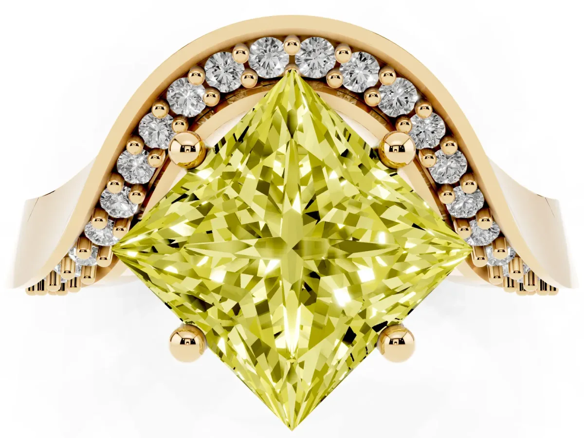 Fancy Yellow Princess Cut Solitaire Diamond Engagement Ring with Pave Band and Four-Prong Setting Yellow gold