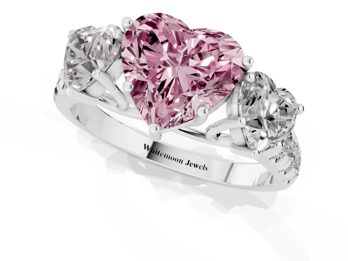 Fancy Pink Three-Stone Heart Cut Diamond Pavé Band with Prong Setting Silver