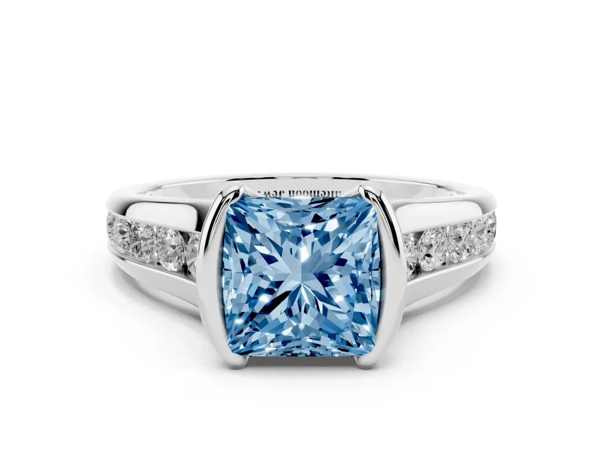 Fancy Blue Princess Cut Solitaire Bezel-Set Diamond Ring with Channel-Set Band Silver