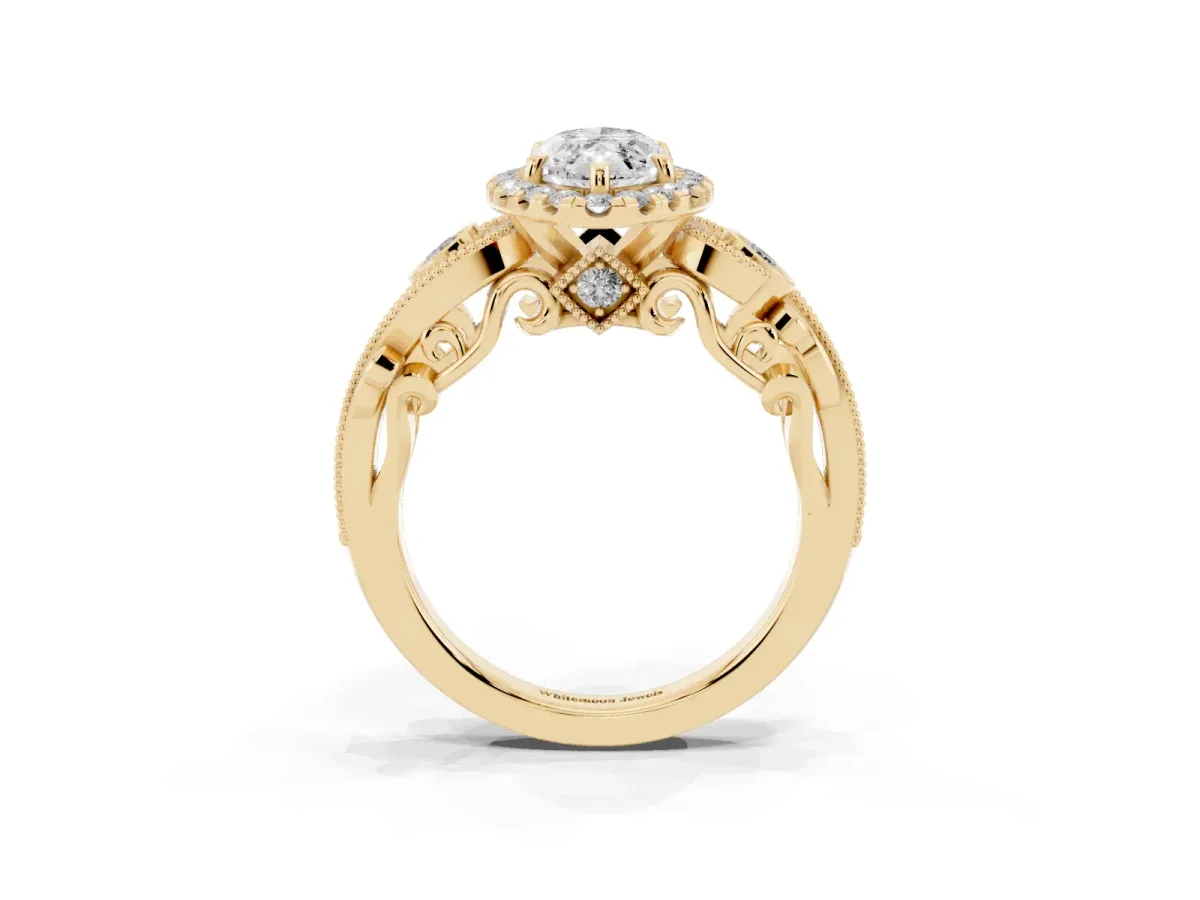 Marquise Cut Halo Diamond Ring with Milgrain and Bezel Accents on a Split Shank Band Yellow gold
