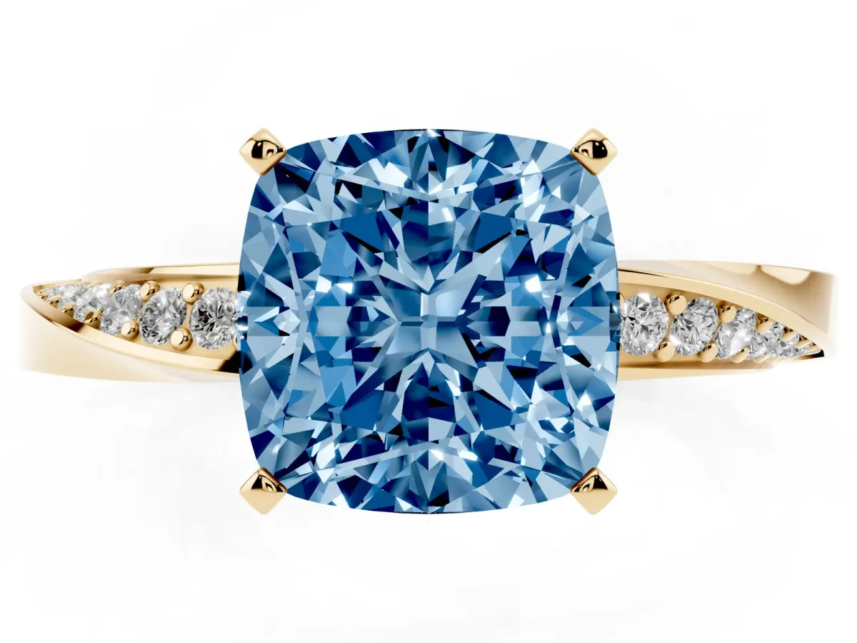 Fancy Blue Cushion Cut Diamond Engagement Ring with Side Stone Accents and Four-Prong Setting Yellow gold