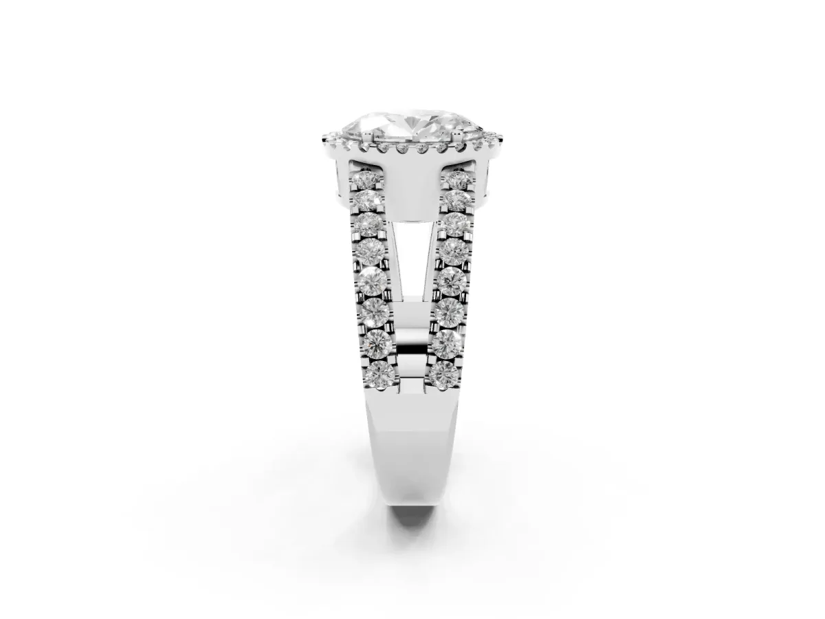 Oval Cut Cut Halo Split Shank Diamond Ring with Four-Prong Setting Silver