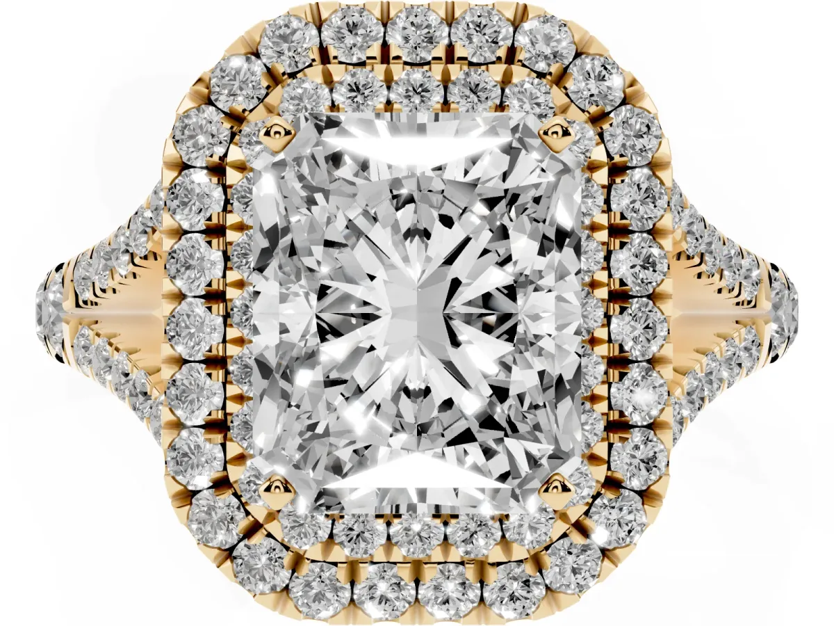 Radiant Cut Diamond Pavé Split Shank Double Halo Engagement Ring Yellow gold