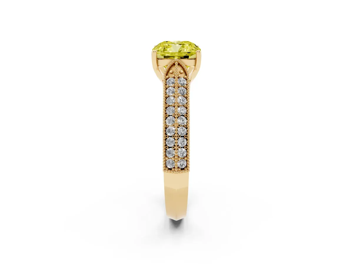 Fancy Yellow Cushion Cut Cut Pave Split Shank Engagement Ring with Four-Prong Setting Yellow gold