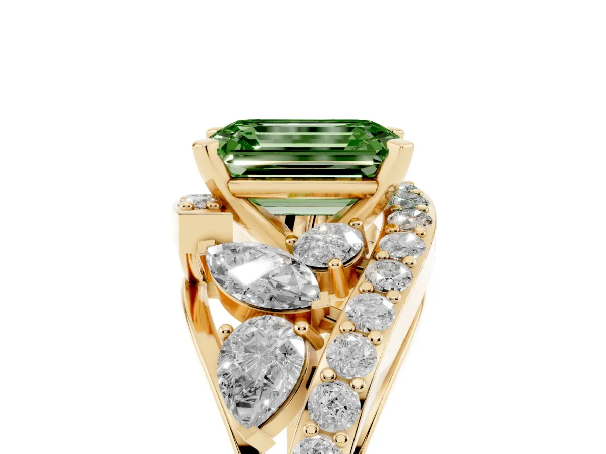 Fancy Green Emerald Cut Diamond Halo Ring with Marquise and Pavé Band in Prong Setting Yellow gold
