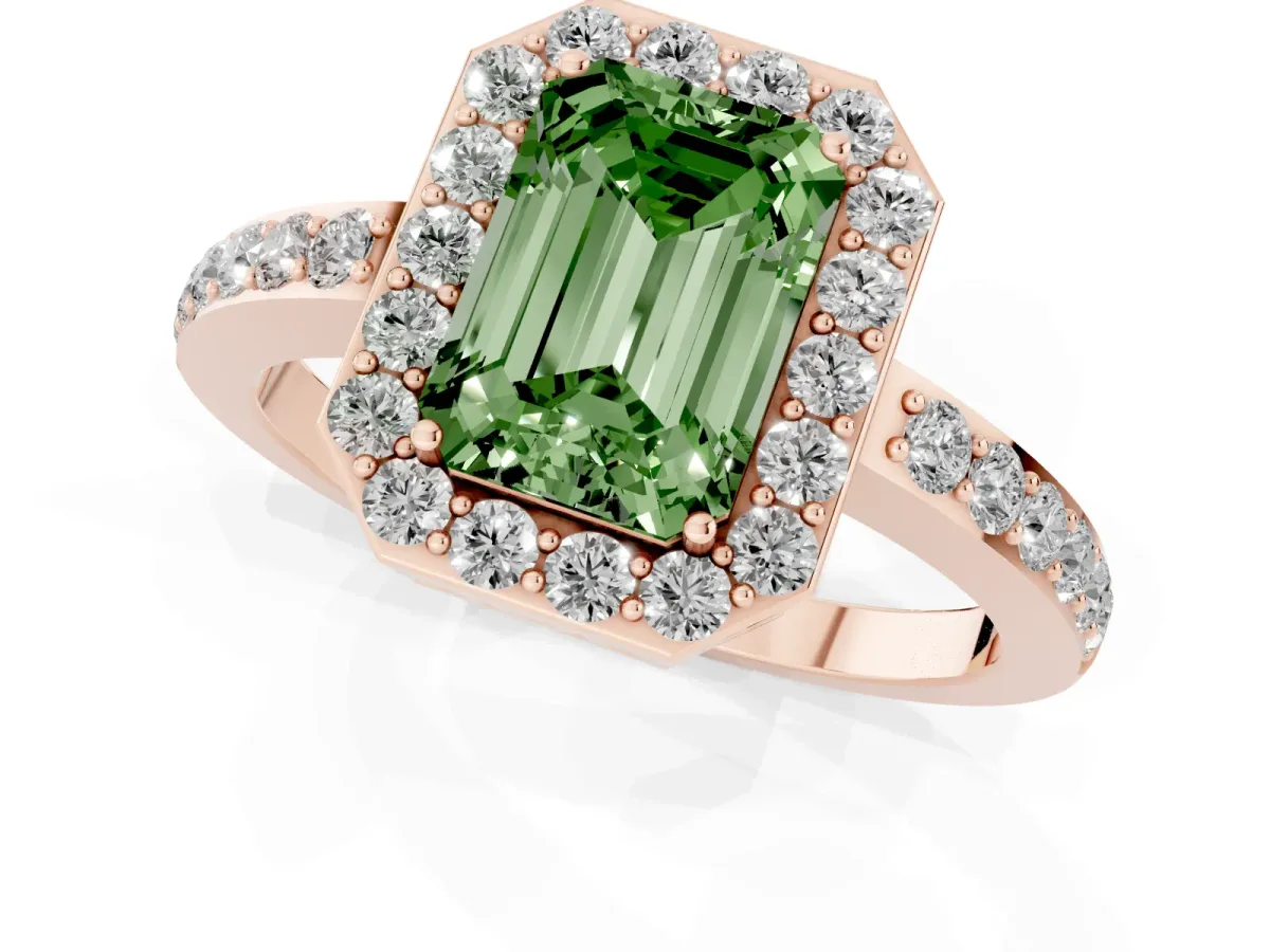 Fancy Green Emerald Cut Halo Diamond Pavé Band Ring with Prong Setting Rose gold