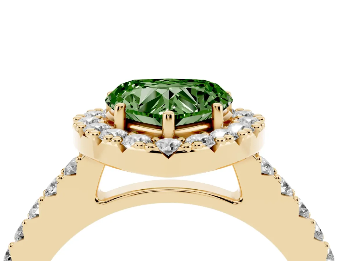 Fancy Green Heart Cut Halo Diamond Pavé Solitaire Ring Yellow gold
