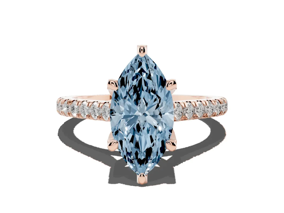 Fancy Blue Marquise Cut Brilliant Diamond Solitaire with Pavé Band and Four-Prong Setting Rose gold