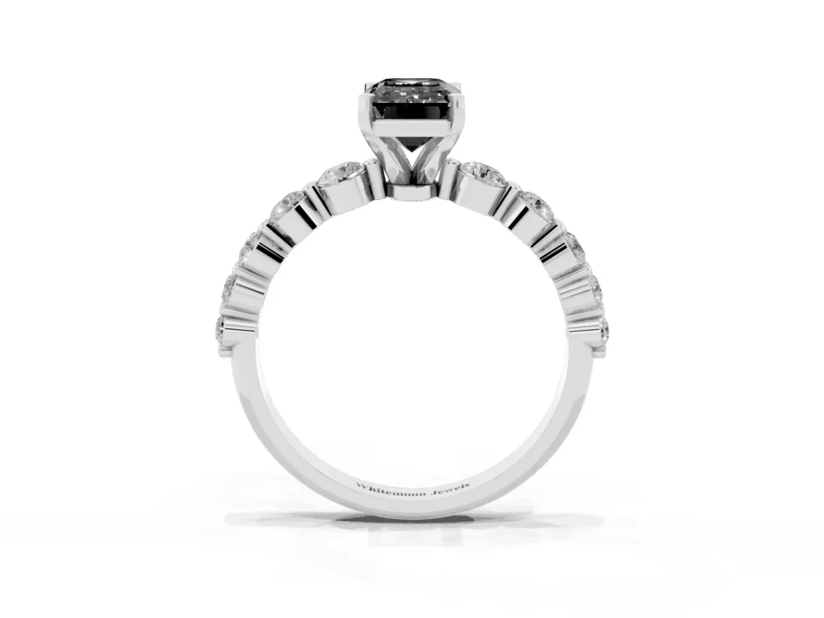 Fancy Black Emerald Cut Solitaire Diamond Ring with Pave Band and Four-Prong Setting Silver