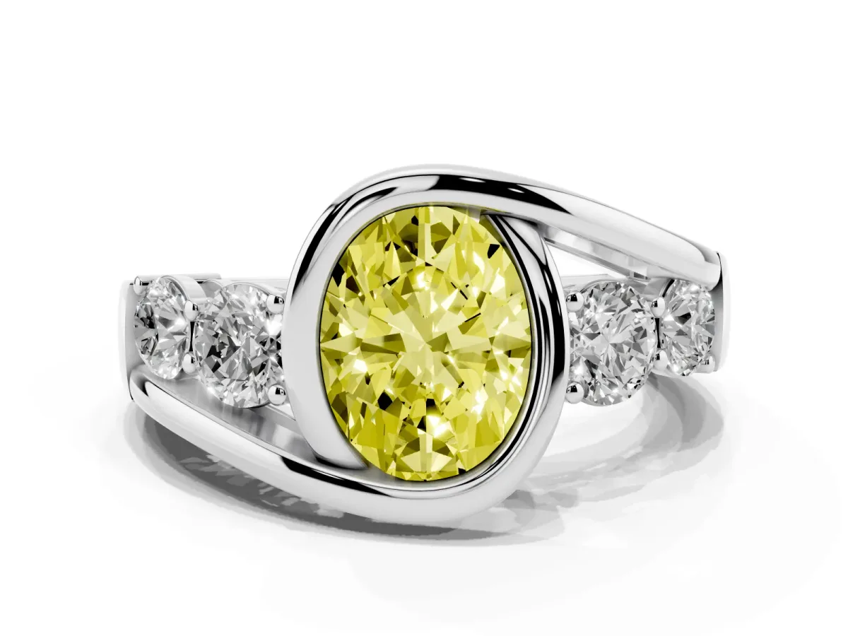 Fancy Yellow Bezel Set Oval Cut Diamond Bypass Ring with Round Accents Platinum