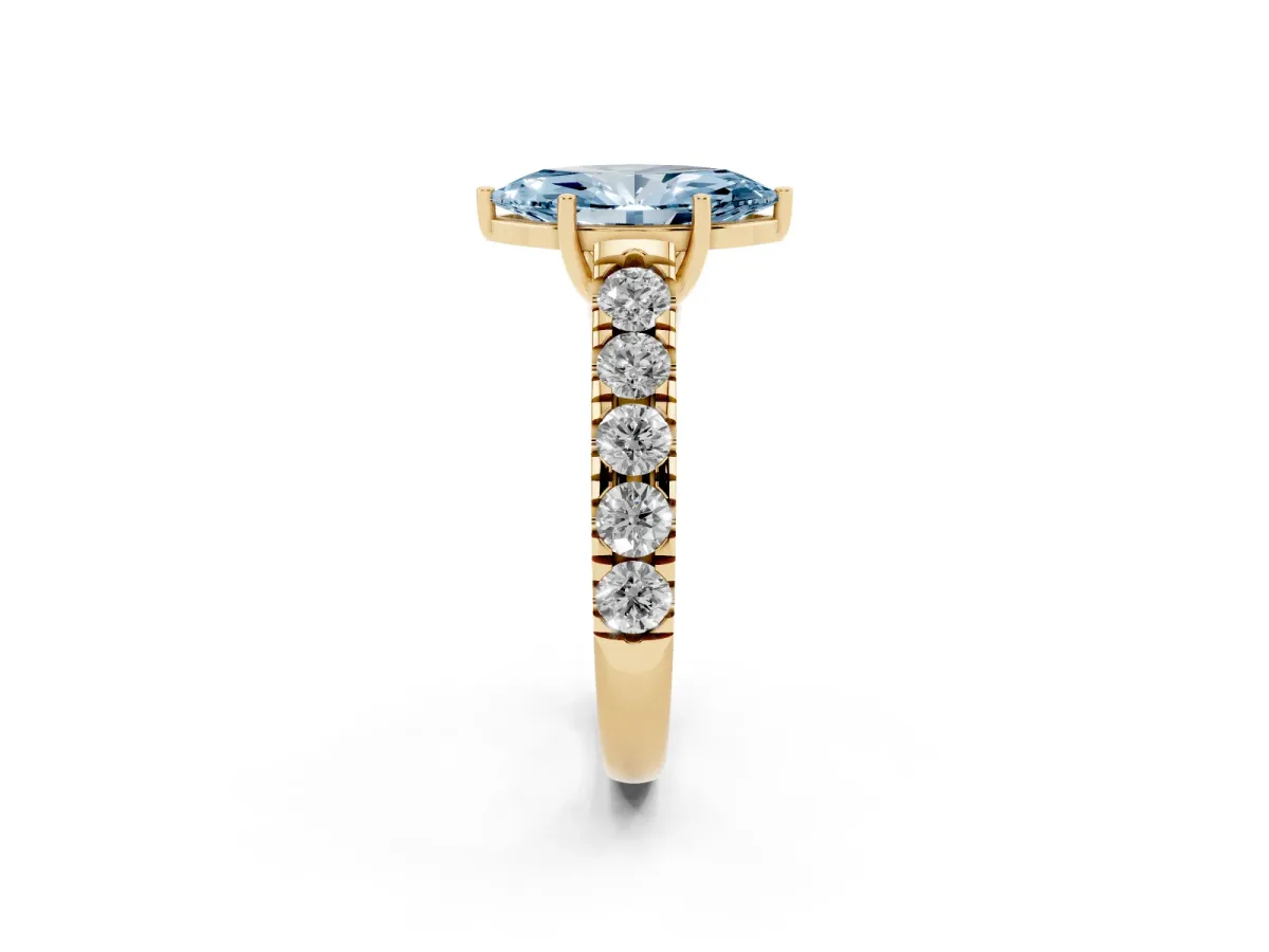 Fancy Blue Marquise Cut Cut Diamond Solitaire Ring with Micro Pave Band and Prong Setting Yellow gold