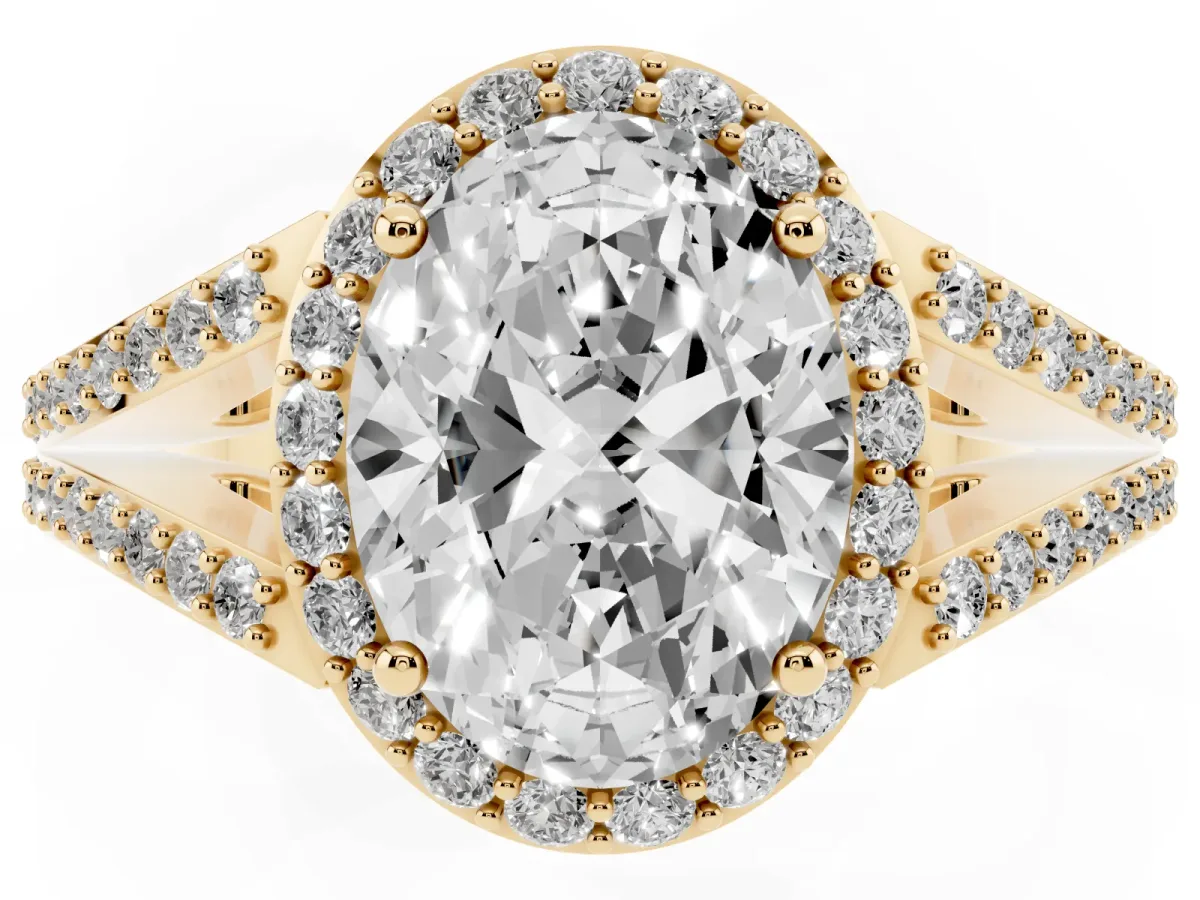 Oval Cut Halo Split Shank Diamond Ring with Prong Setting Yellow gold