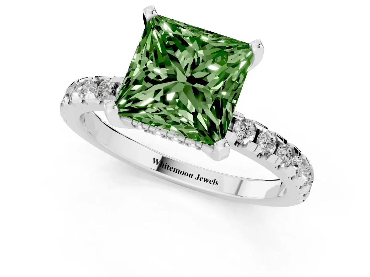 Fancy Green Princess Cut Diamond Solitaire Ring with Round Pavé Band and Four-Prong Setting Silver