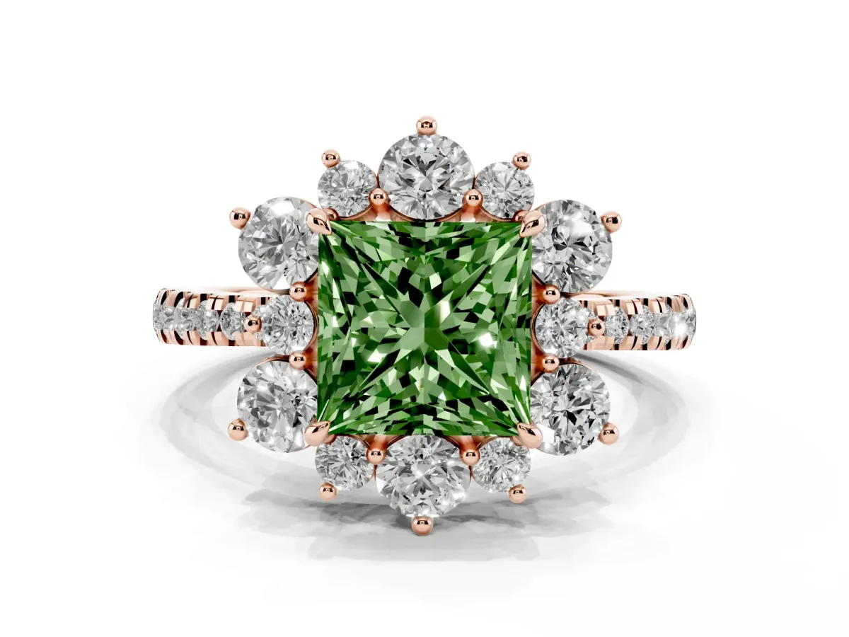 Fancy Green Princess Cut Diamond Floral Halo Ring with Round Pavé Band and Prong Setting Rose gold