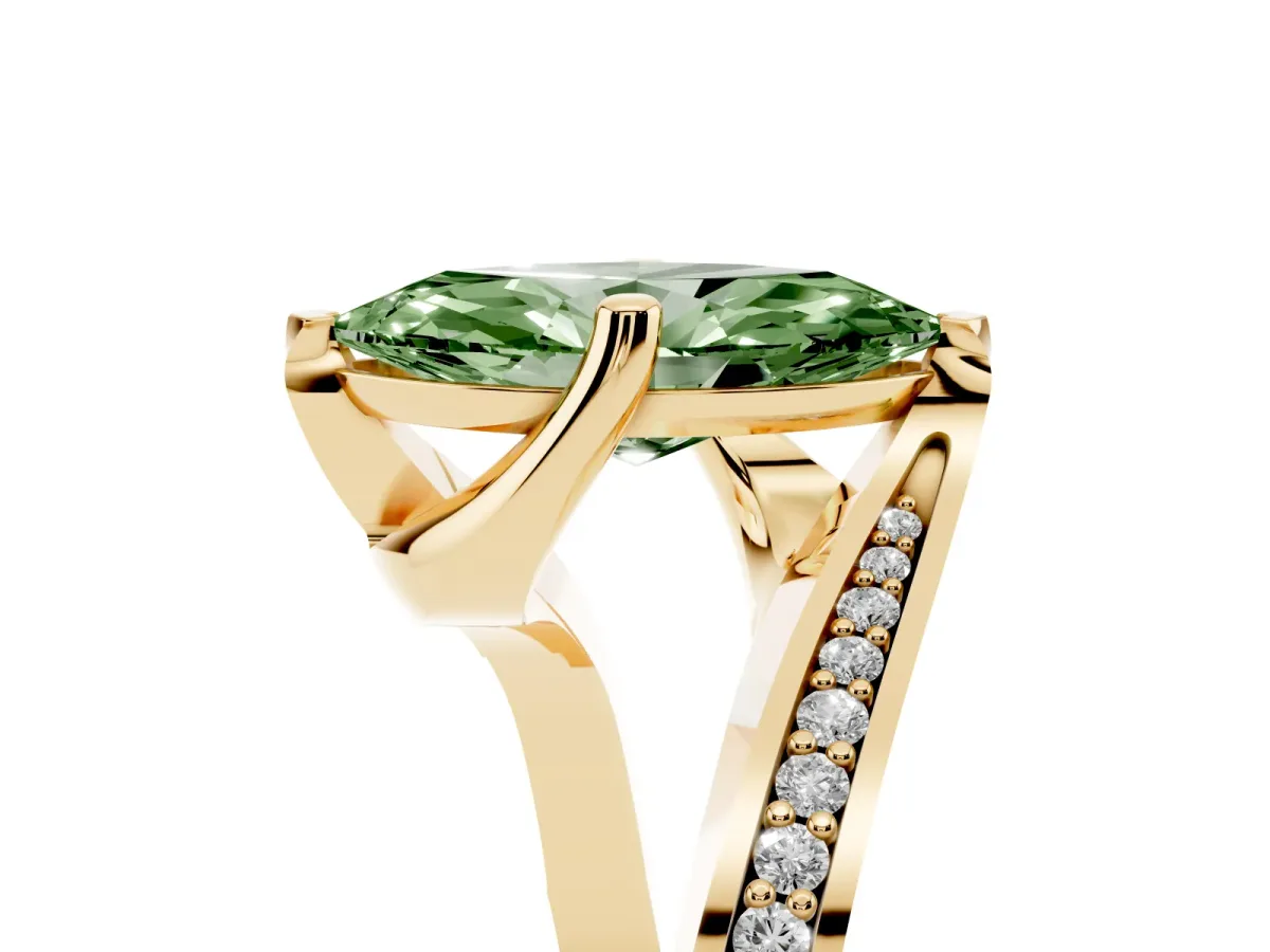 Fancy Green Marquise Cut Solitaire Diamond Twist Band with Pavé Setting and Four-Prong Setting Yellow gold