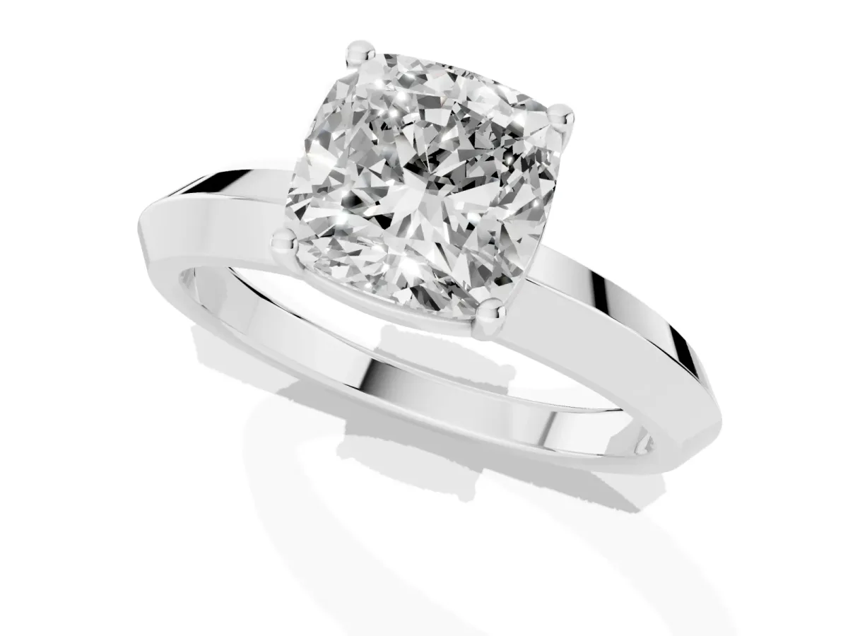 Cushion Cut Cut Solitaire Engagement Ring with Flat Band and Four-Prong Setting Silver