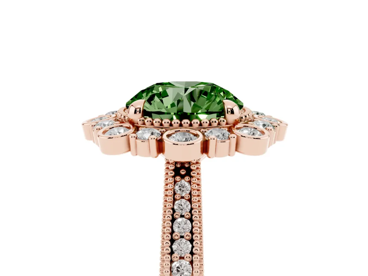 Fancy Green Round Cut Halo Milgrain Pave Diamond Ring with Four-Prong Setting Rose gold