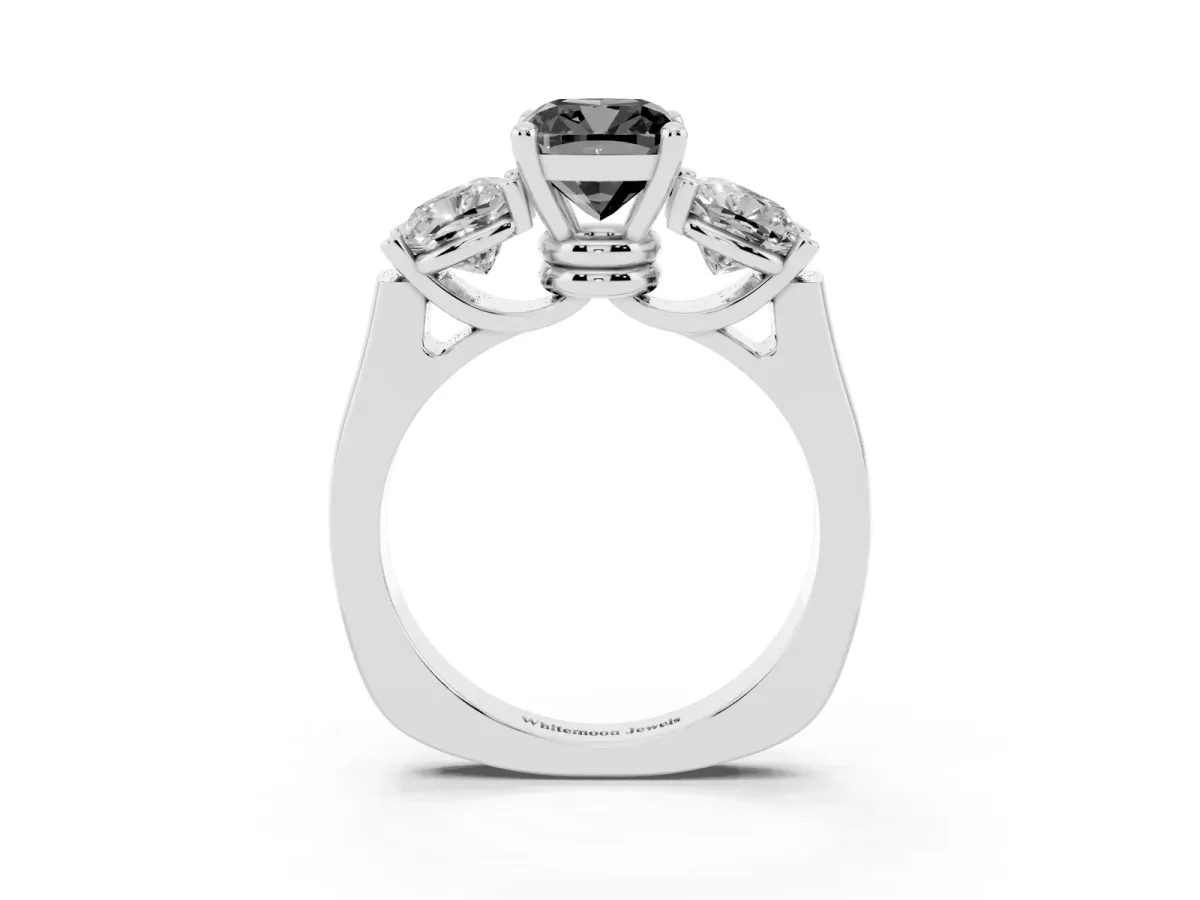 Fancy Black Three-Stone Cushion Cut Brilliant Diamond Trellis Ring with Comfort Fit Band Silver